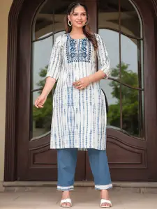 Aramya Tie & Dye Printed Round Neck Thread Work Cotton Straight Kurta