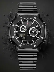 Naviforce Men Brass Embellished Dial & Stainless Steel Straps Analogue and Digital Multi Function Watch