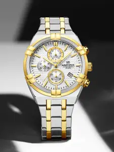 Naviforce Men Brass Patterned Dial & Stainless Steel Bracelet Style Straps Analogue Chronograph Watch