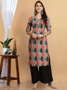 7Threads Floral Printed Round Neck Crepe Straight Kurta