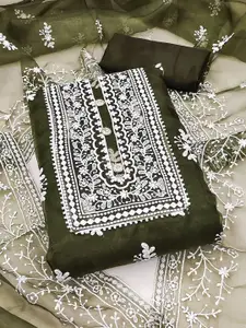 Ishin Ethnic Motifs Embroidered Thread Work Organza Unstitched Dress Material