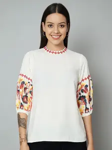 all about you Floral Embroidered Mandarin Collar Puff Sleeve Top