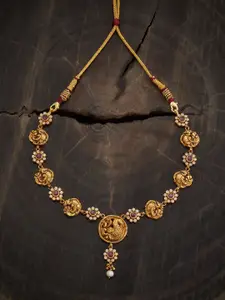 Kushal's Fashion Jewellery 92.5 Pure Silver Gold-Plated Stone Studded Antique Necklace