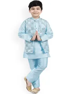 BAESD Boys Checked Embroidered Mandarin Collar Straight Art Silk Kurta With Pyjamas