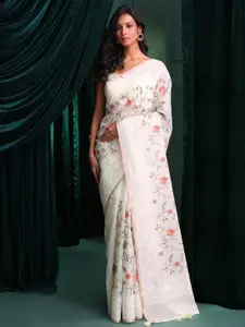 Indethnic Floral Printed Banarasi Saree With Blouse Piece