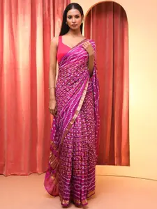 Indethnic Printed Zari Bandhani Saree With Blouse Piece