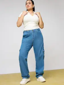 FREAKINS Women Straight Fit High-Rise Light Fade Cotton Cargo Styles Jeans