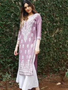 Anni Designer Floral Embroidered Notch Neck Chikankari Straight Kurta