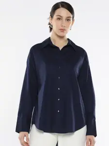RAREISM Women Comfort Spread Collar Solid Cotton Boxy Formal Shirt