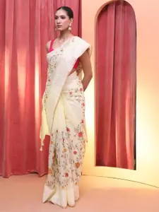 Indethnic Floral Embroidered Art Silk Banarasi Saree