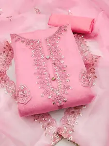 Ishin Ethnic Motifs Embroidered Thread Work Organza Unstitched Dress Material