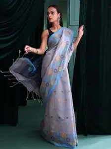 Indethnic Printed Jamdani Saree With Blouse Piece
