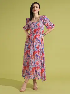Globus Tropical Printed Puff Sleeve Fit & Flare Maxi Dress