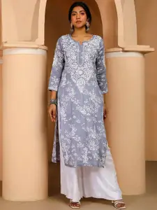 Anni Designer Floral Embroidered Notch Neck Chikankari Straight Kurta