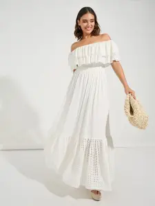 Styli Women Off Shoulder Schiffli Tiered Pure Cotton Maxi Length Dress