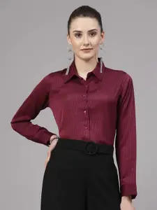 Style Quotient Women Smart Spread Collar Striped Satin Casual Shirt