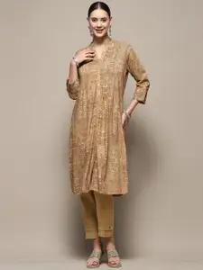 Biba Floral Printed Mandarin Collar Roll-Up Sleeves Silk Straight Kurta