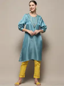Biba Geometric Yoke Design Puff Sleeves Beaded Satin A-Line Kurta