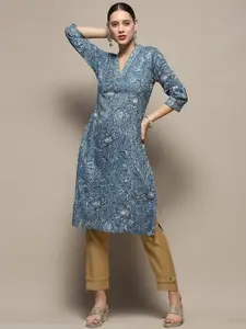 Biba Floral Printed V-Neck Silk Straight Kurta