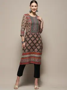 Biba Floral Printed Keyhole Neck Silk Straight Kurta