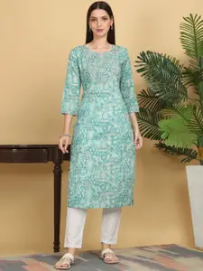 KALINI Floral Printed Round Neck Sequinned Straight Kurta