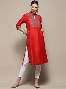 Biba Geometric Yoke Design Mandarin Collar Thread Work Straight Kurta