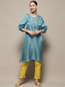 Biba Geometric Yoke Design Puff Sleeves Beaded Satin A-Line Kurta