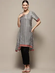 Biba Striped Round Neck High Low A-Line Kurta