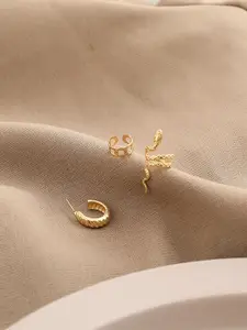 KRENOZ 3 Pieces Gold-Plated Brass Classic Hoop & Stud & Cuff Earring