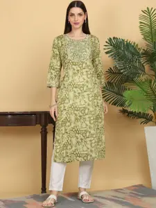 KALINI Floral Embroidered Sequinned Yoke Design Cotton Straight Kurta