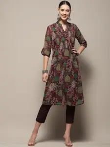 Biba Floral Printed Pleated Mandarin Collar Georgette Straight Kurta