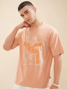 HIGHLANDER Men Typography Printed Round Neck Cotton Oversized T-Shirt