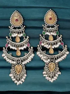 Sangria Kundan Stone Studded & Beaded Oxidised Chandbali Earrings