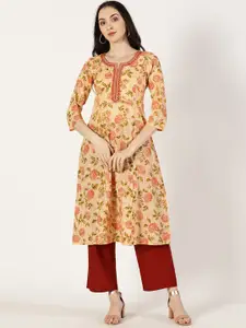 Saffron Threads Floral Printed Mirror Work Pure Cotton A-Line Kurta