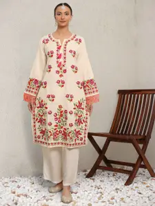 HOUSE OF KARI Floral Embroidered Cotton Falak Kashmiri Straight Kurta