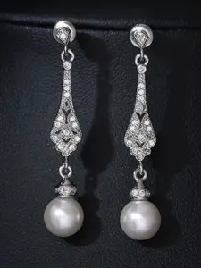 Peora Silver Plated Cubic Zirconia Contemporary Drop Earrings