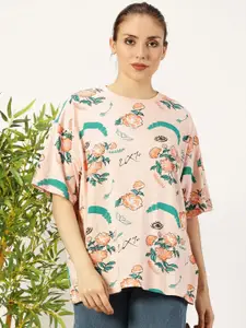 THE HOLLANDER Women Floral Printed Round Neck Cotton Oversized T-shirt