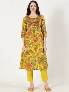 Saffron Threads Floral Printed Mirror Work Pure Cotton A-Line Kurta