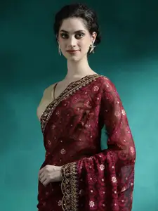 Sangria Floral Embroidered Embellished Saree