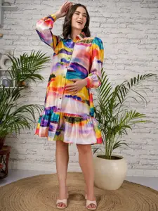 angloindu Tropical Print Bell Sleeve Satin Maternity A-Line Dress