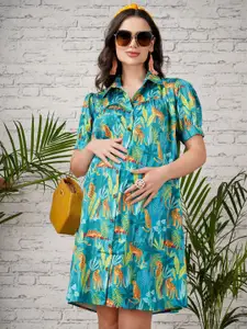 angloindu Floral Print Satin Maternity Shirt Dress