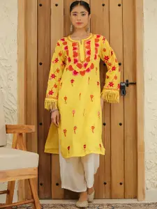 HOUSE OF KARI Falak Kashmiri Embroidered Flared Sleeves Thread Work Cotton Straight Kurta