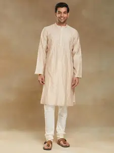 Fabindia Checked Embroidered Band Collar Cotton Silk Straight Kurta