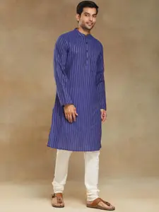 Fabindia Striped Band Collar Straight Kurta