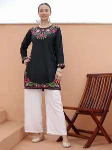 HOUSE OF KARI Floral Embroidered Cotton Falak Kashmiri Straight Kurta