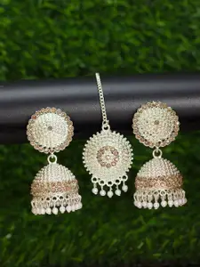 PRIVIU Silver Plated Artificial Stones & Beaded Maang Tika and Earrings