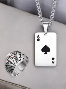 fabula Silver Stainless Steel Ace of Spade & Poker Pendant With Chain & Finger Ring