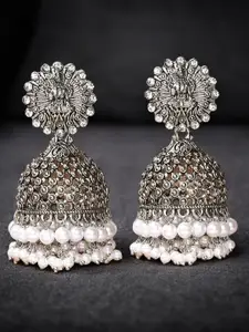Sangria Artificial Stones and Beads Classic Oxidised Jhumka Earrings