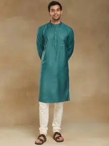 Fabindia Striped Band Collar Slim Fit Straight Kurta