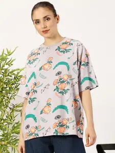 THE HOLLANDER Women Floral Printed Round Neck Cotton Oversized T-shirt